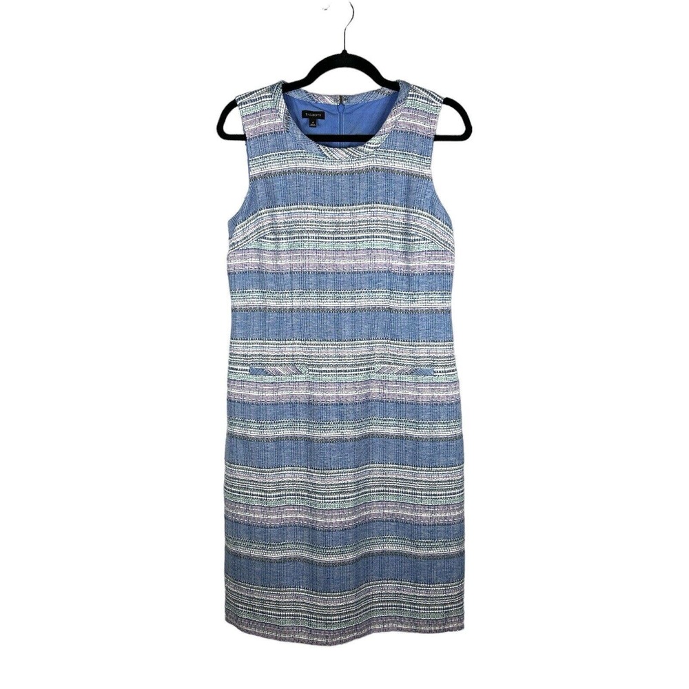 TALBOTS Size 4 Woven Tweed Lined Darling Faux Pockets Sheath Shift Dress Blue
